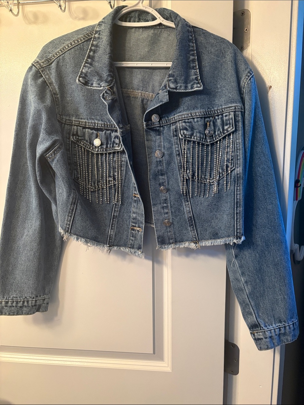 Cropped Blue Denim Jacket with Fringe and Stud Details